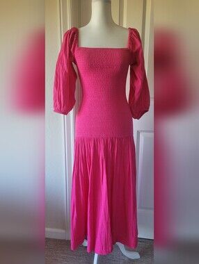 RHODE Hot Pink Smocked Maxi Dress with Puff Sleeves